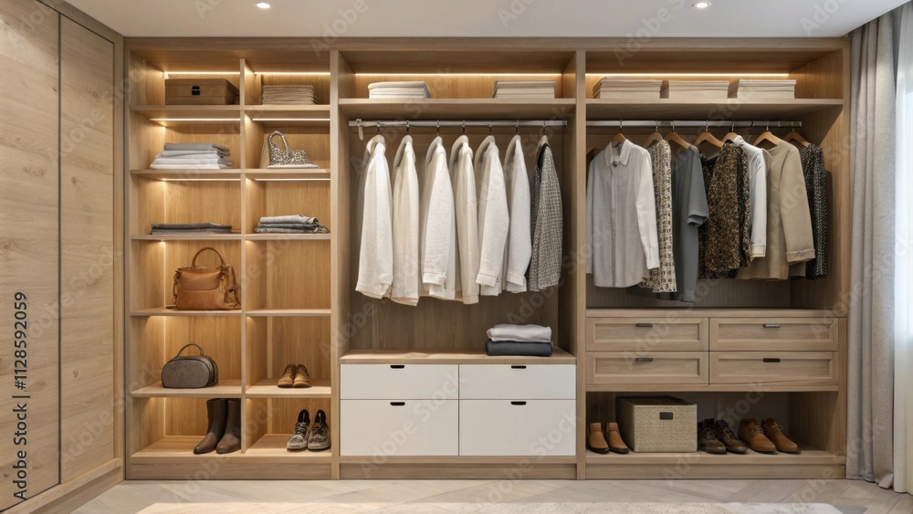 A beautifully minimalist wardrobe space with soft wood accents showcasing a selection of everyday wear. Hanging blouses in light fabrics hang with precision while organized drawers A beautifully minimalist wardrobe space with soft wood accents showcasing a selection of everyday wear. Hanging blouses in light fabrics hang with precision while organized drawers