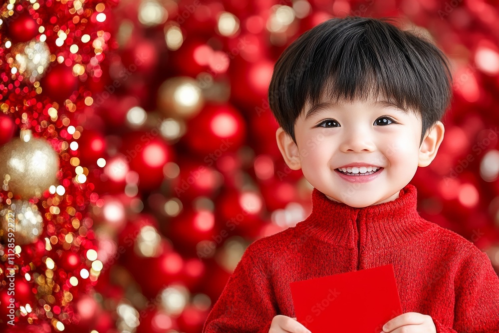 A young child joyfully receiving a red envelope surrounded by relatives. Generative AI A young child joyfully receiving a red envelope surrounded by relatives. Generative AI