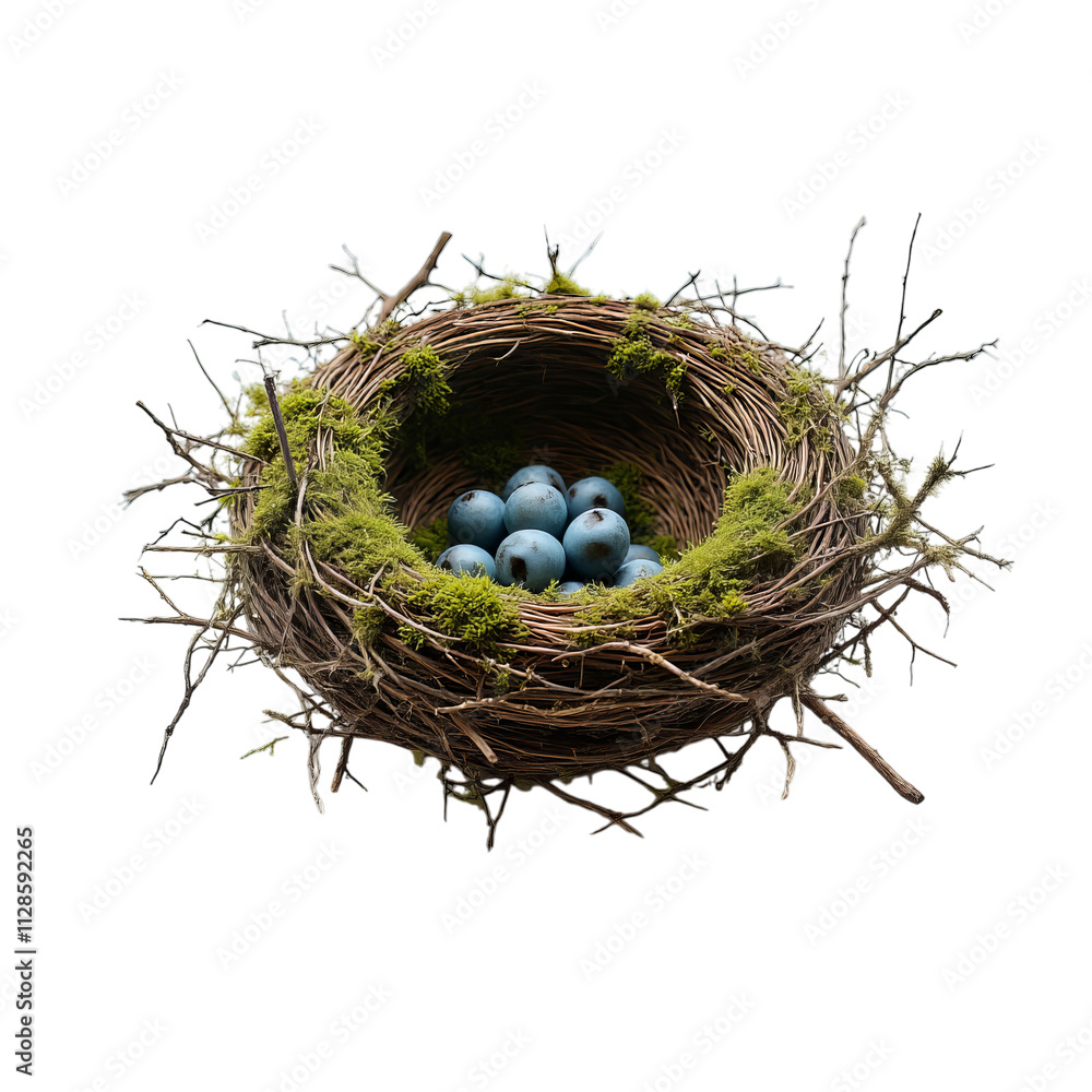 PNG of A cozy bird's nest made of twigs and moss, featuring blue eggs nestled inside on transparent background PNG of A cozy bird's nest made of twigs and moss, featuring blue eggs nestled inside on transparent background