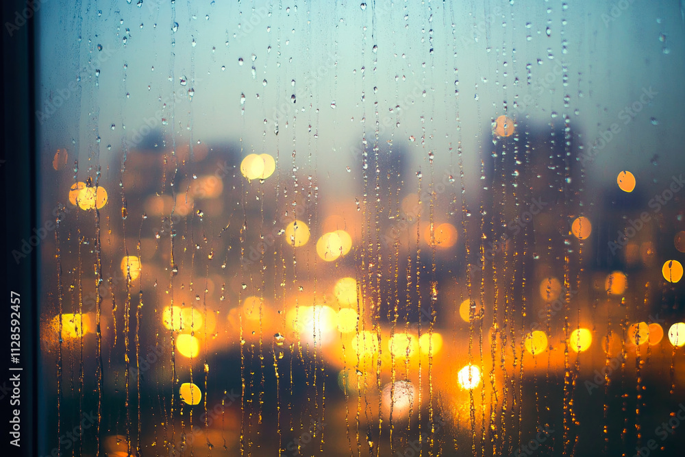 Fototapeta premium Rain-drenched window overlooking blurry cityscape night lights