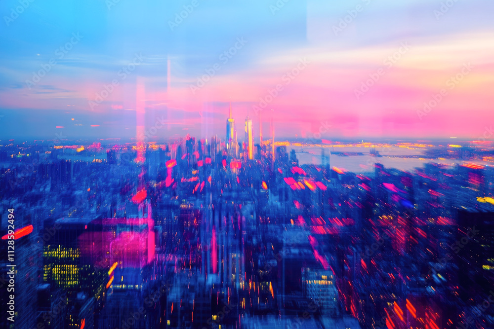 Fototapeta premium Vibrant abstract blurred cityscape at sunset overlooking colorful urban skyline