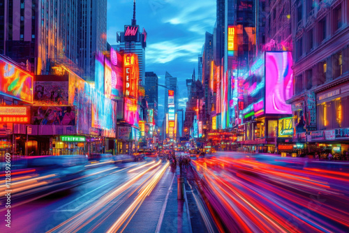 Vibrant neon lights illuminate bustling times square at night