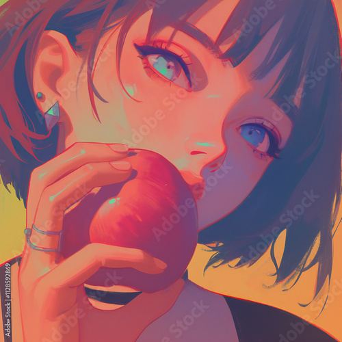 リンゴを手に持っているボブヘアの女の子
