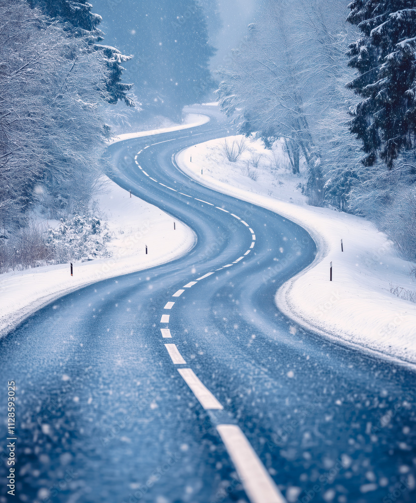 Closeup view of the asphalt road with dividing lines in winter in natural park. Beautiful winterly background. Closeup view of the asphalt road with dividing lines in winter in natural park. Beautiful winterly background.