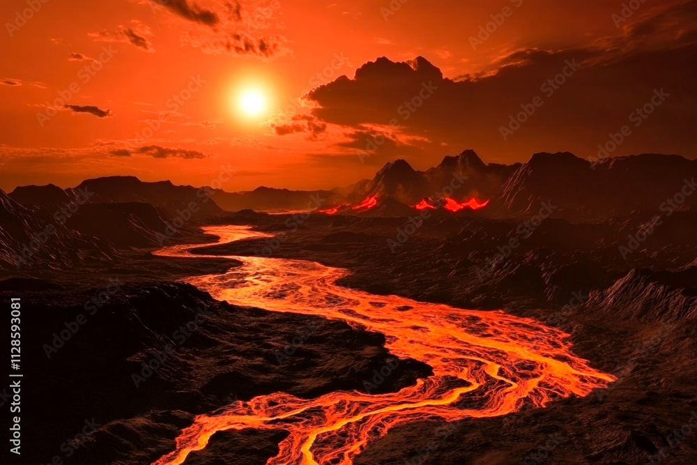 Fototapeta premium Dramatic sunset over flowing lava river in volcanic landscape