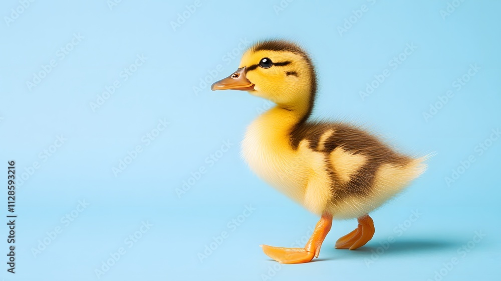 A tiny duckling with bright yellow feathers waddling on a light blue background looking curiously at the camera. A tiny duckling with bright yellow feathers waddling on a light blue background looking curiously at the camera.