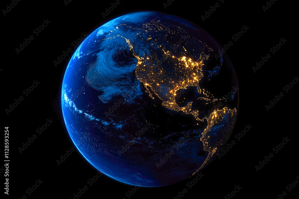 Illuminated earth at night: aerial view of north and south america with city lights Illuminated earth at night: aerial view of north and south america with city lights