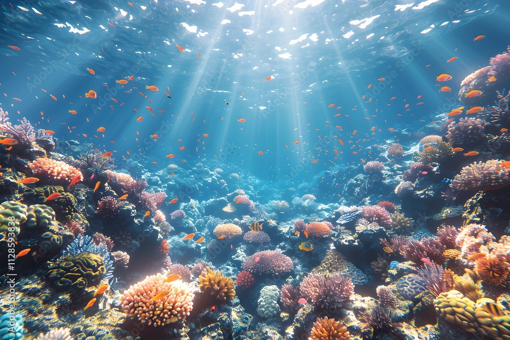 Fototapeta premium Vibrant Coral Reef Underwater Scene with Sunlit Aquatic Life