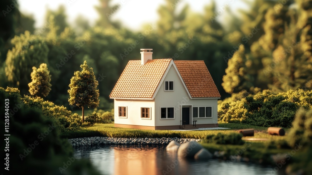 Idyllic Riverfront House Miniature Model 3D Render Home Nature