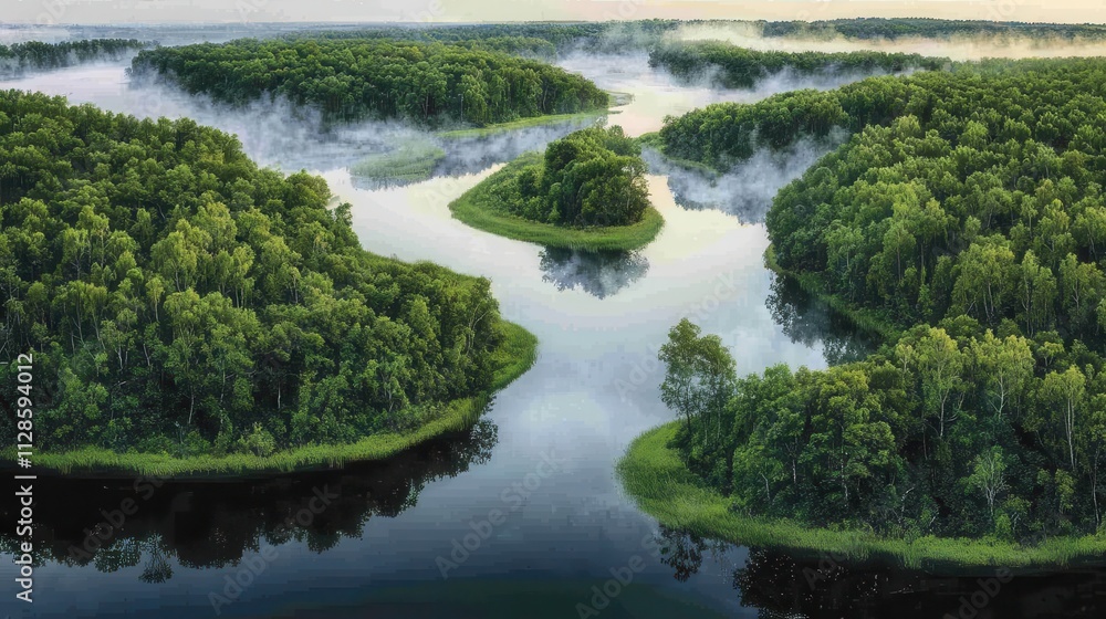 Aerial view of interconnected forest and water bodies with mist rising, showcasing the ecosystem s moisture balance Aerial view of interconnected forest and water bodies with mist rising, showcasing the ecosystem s moisture balance