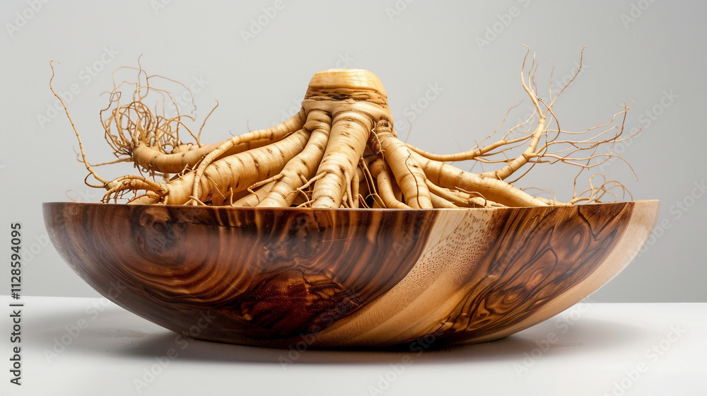 Fototapeta premium Front view of premium korean ginseng roots arranged in a rustic wooden dish on a natural brown background, capturing the essence of traditional herbal medicine, wellness, and holistic healing.
