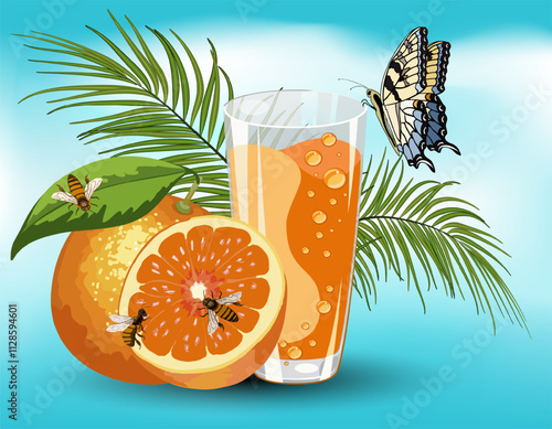 Orange and juice in the illustration.Vector illustration with orange, juice in a glass and insects on a colored background.
