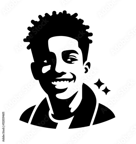 A young African American man with a smile on his face. Three-quarter view. Isolated on white vector illustration.