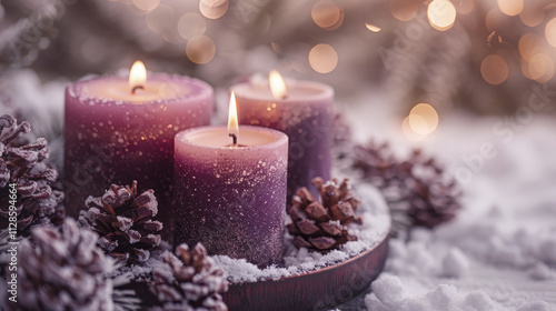 Christmas purple candles in snow decorated with pine cones