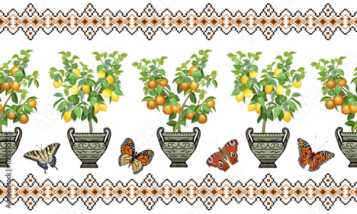 Orange and lemon trees in a pattern.Vector pattern with orange and lemon trees in beautiful decorated vases.
