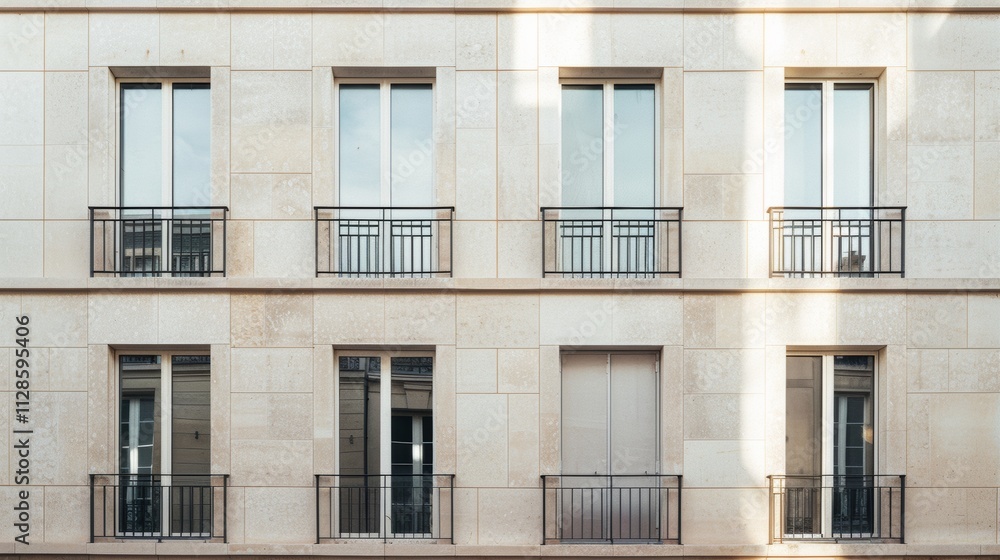 Contemporary minimalist building in Paris, frontal wall with windows and doors, warm sunlight, serene afternoon, no people present.