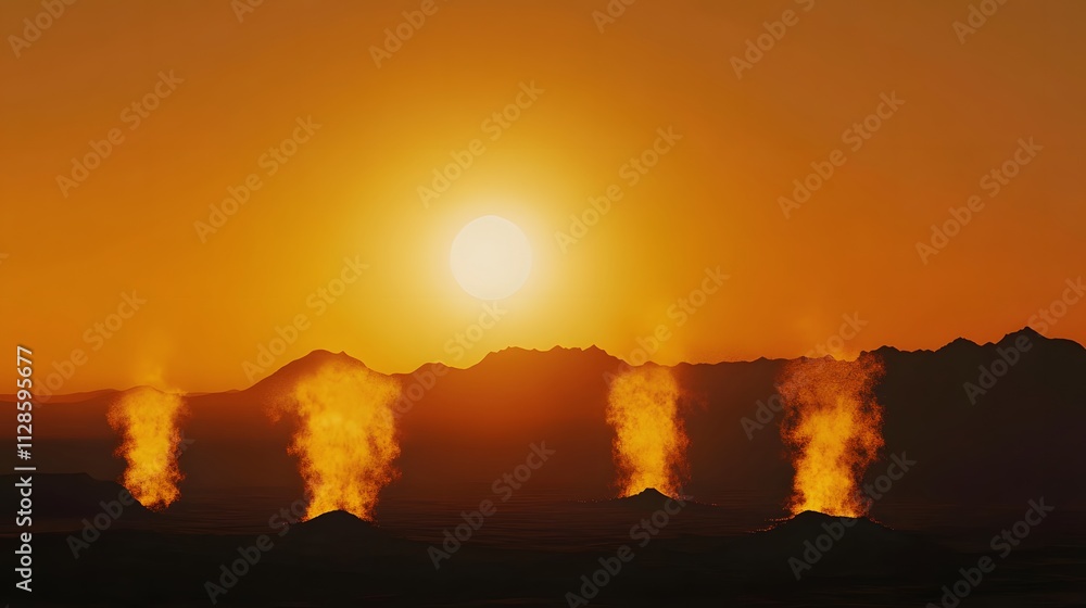 A volcanic planet with fiery geysers erupting against a smoky orange sky distant black mountains silhouetted in the background. A volcanic planet with fiery geysers erupting against a smoky orange sky distant black mountains silhouetted in the background.