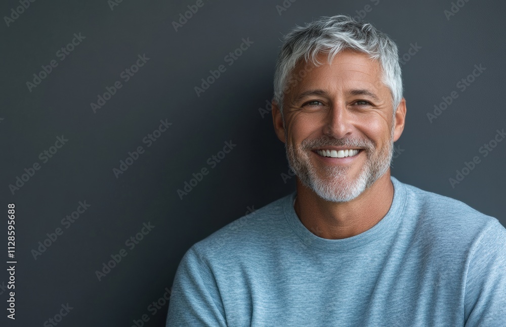 Obraz premium Smiling middle-aged man in casual attire with a joyful expression