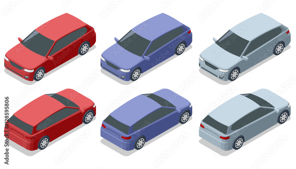 Isometric Car wagon. Auto low Car vector template on white background. Compact crossover, CUV, 5-door station wagon car. Template isolated. Isometric Car wagon. Auto low Car vector template on white background. Compact crossover, CUV, 5-door station wagon car. Template isolated.