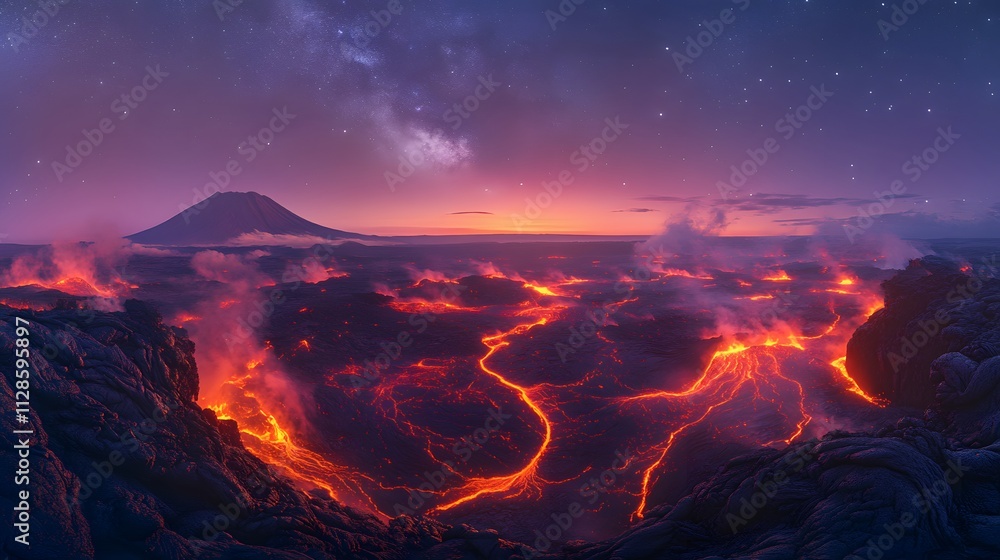 A volcanic planet with glowing red lava pools and ash-filled air under a dark purple sky with faint stars. A volcanic planet with glowing red lava pools and ash-filled air under a dark purple sky with faint stars.