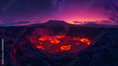 A volcanic planet with glowing red lava pools and ash-filled air under a dark purple sky with faint stars. photo