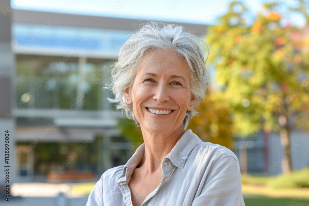 Portrait of a joyful caucasian woman in her 50s wearing a simple cotton shirt in modern university campus background Portrait of a joyful caucasian woman in her 50s wearing a simple cotton shirt in modern university campus background