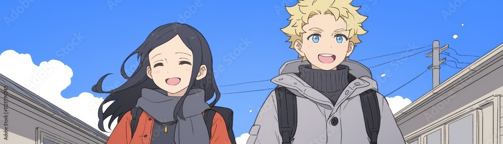 Anime Style Boy Girl Walking Happy Outdoors Sunny Day Cityscape Friendship Anime Style Boy Girl Walking Happy Outdoors Sunny Day Cityscape Friendship