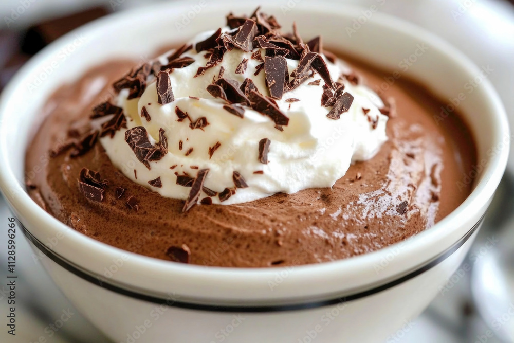 Creamy chocolate mousse with whipped cream and chocolate shavings in bowl Creamy chocolate mousse with whipped cream and chocolate shavings in bowl