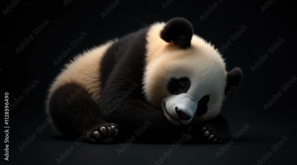 Naklejka premium Hyperrealistic Sleeping Panda on Black Background