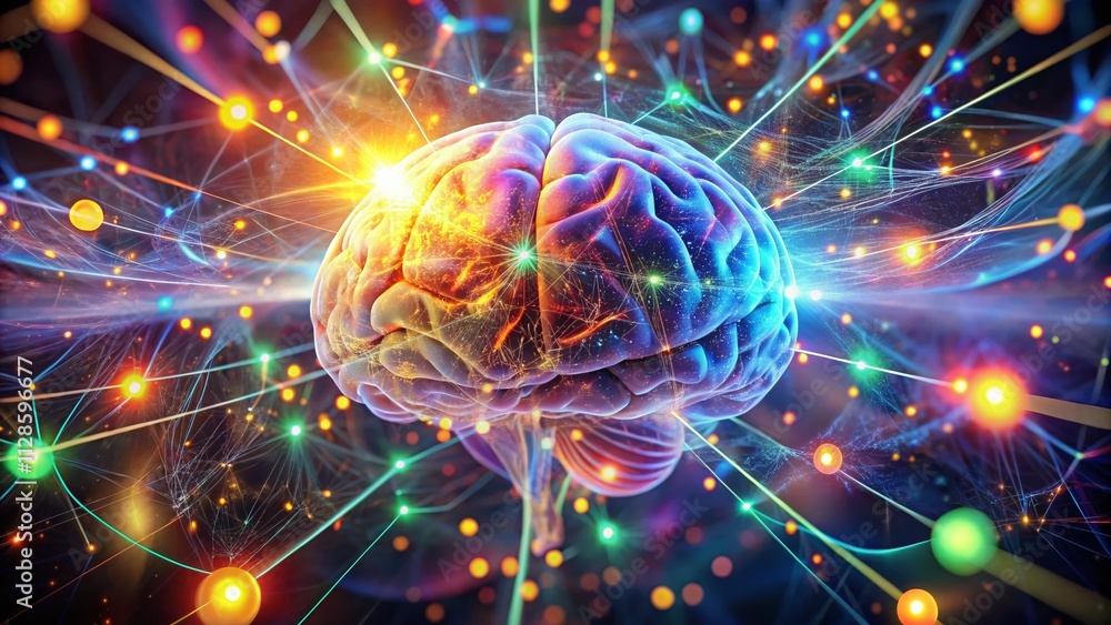 A Glowing Brain Illustration with Light Connections Surrounded by Colorful Particles, Symbolizing Innovation and Technology in a High Depth of Field Environment A Glowing Brain Illustration with Light Connections Surrounded by Colorful Particles, Symbolizing Innovation and Technology in a High Depth of Field Environment