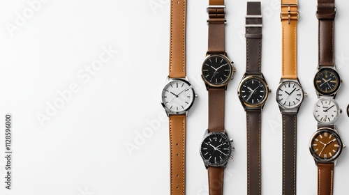 Different styles of wristwatches are displayed neatly on a white background, offering a sleek look and space for additional text or branding. Generative AI photo