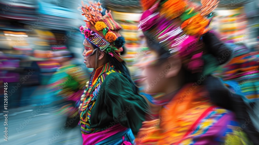 Fototapeta premium Traditional costumes blend into a colorful blur as the parade passes by.