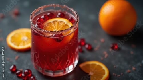 A Glass of Sangria with Orange Slices and Red Crystals