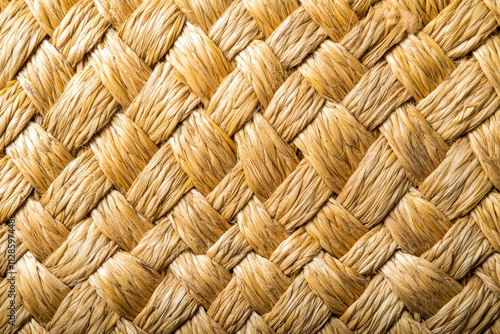 Close-up of woven straw basket texture with natural brown fibers photo