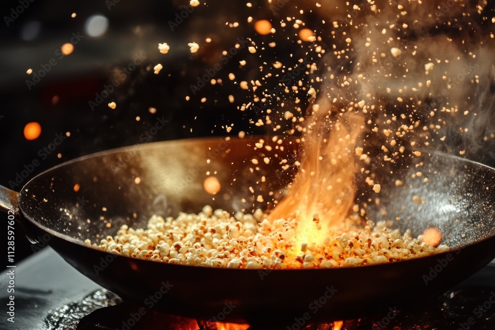 Popcorn popping in a wok with flames Popcorn popping in a wok with flames