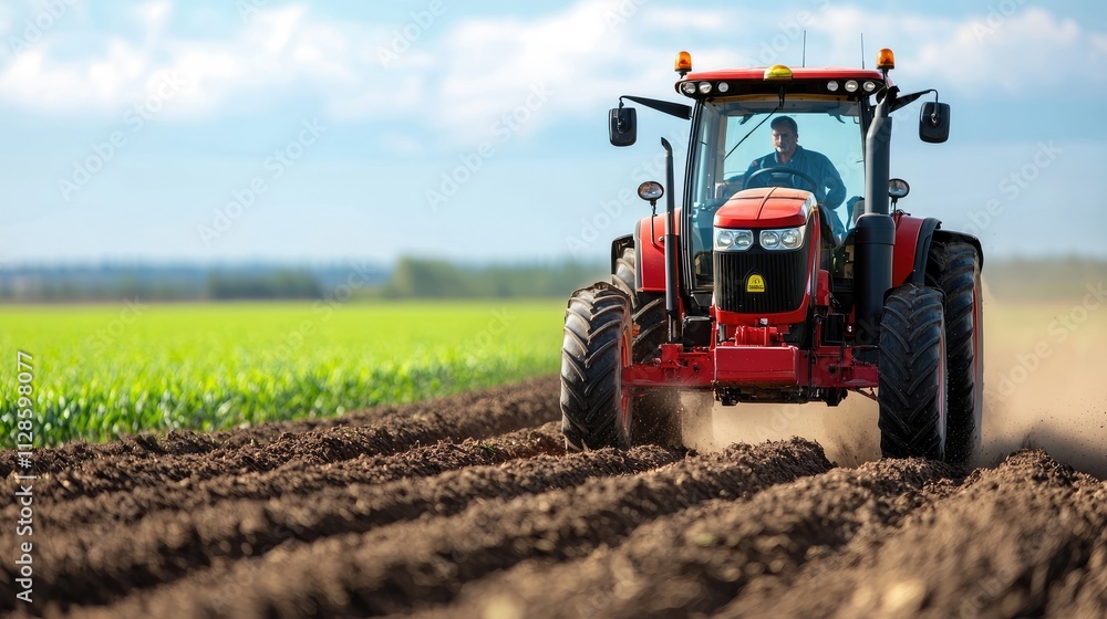Tractor Working in Agricultural Field Under Blue Sky Tractor Working in Agricultural Field Under Blue Sky