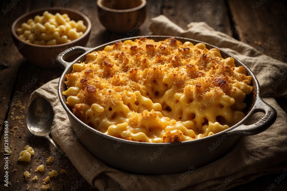 Warm baked Mac & Cheese: golden crust, gooey cheese, spoon lifting creamy portion; rustic wood background, side lighting Warm baked Mac & Cheese: golden crust, gooey cheese, spoon lifting creamy portion; rustic wood background, side lighting