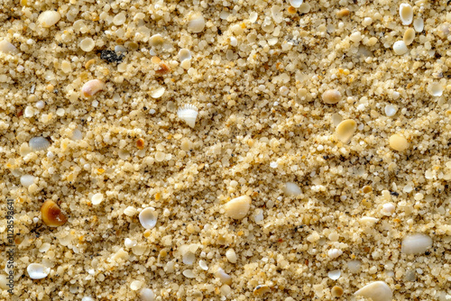 Close-up of sandy beach texture with shell fragments photo