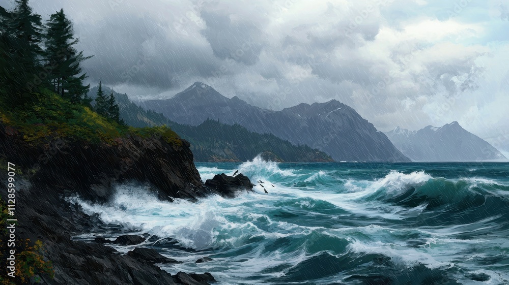 Dramatic Alaskan Coastline Rain Waves Mountains Birds Dramatic Alaskan Coastline Rain Waves Mountains Birds