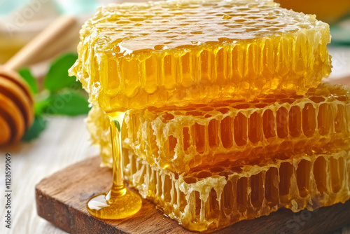 Fresh golden honeycomb with dripping honey on wooden board photo