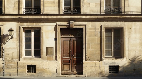 Wallpaper Mural Elegant minimalist Parisian building, wall with windows and doors, sunlit afternoon, serene urban environment, no people visible. Torontodigital.ca