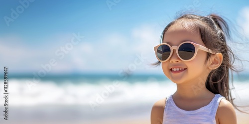 Portrait of a smiling child girl wearing sunglasses at the beach in a sunny day.