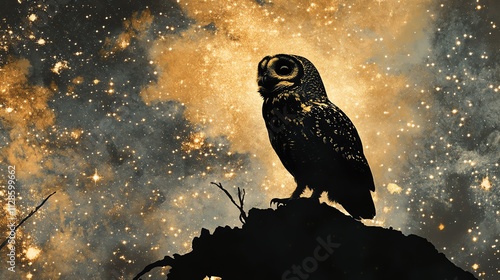 A magnificent owl perched against a cosmic backdrop, showcasing the beauty of nature and the universe. photo