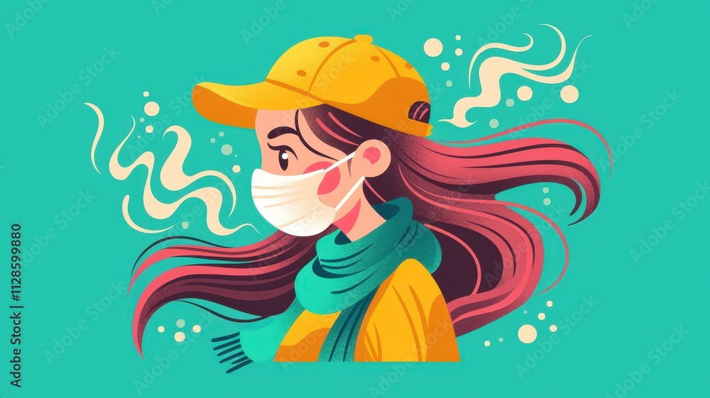 Woman in Face Mask Casual Style Illustration Colorful Hair Minimalist Design Woman in Face Mask Casual Style Illustration Colorful Hair Minimalist Design