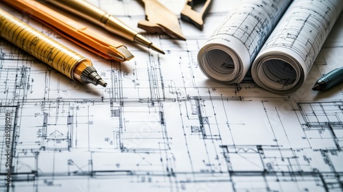 Architectural Blueprints With Drafting Tools And Pens photo