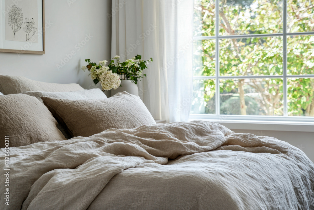 Cozy sunlit bedroom with soft linen bedding and floral decor by a window Cozy sunlit bedroom with soft linen bedding and floral decor by a window