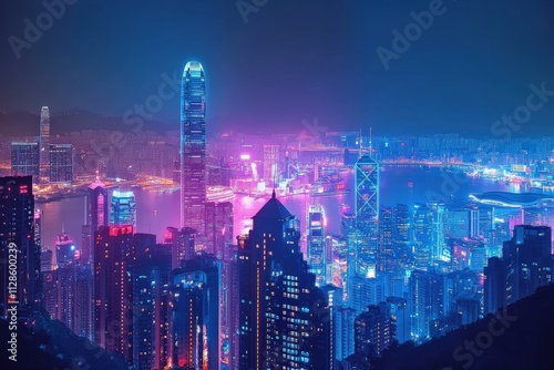 A futuristic cityscape at night with glowing neon lights.