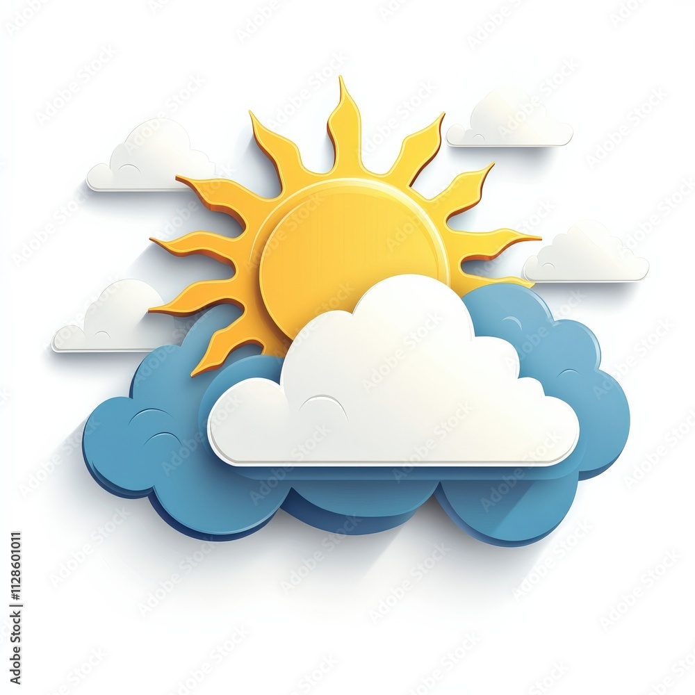 A vibrant sun peeks through stylized clouds, depicting a cheerful weather theme in a colorful, minimalist design. A vibrant sun peeks through stylized clouds, depicting a cheerful weather theme in a colorful, minimalist design.