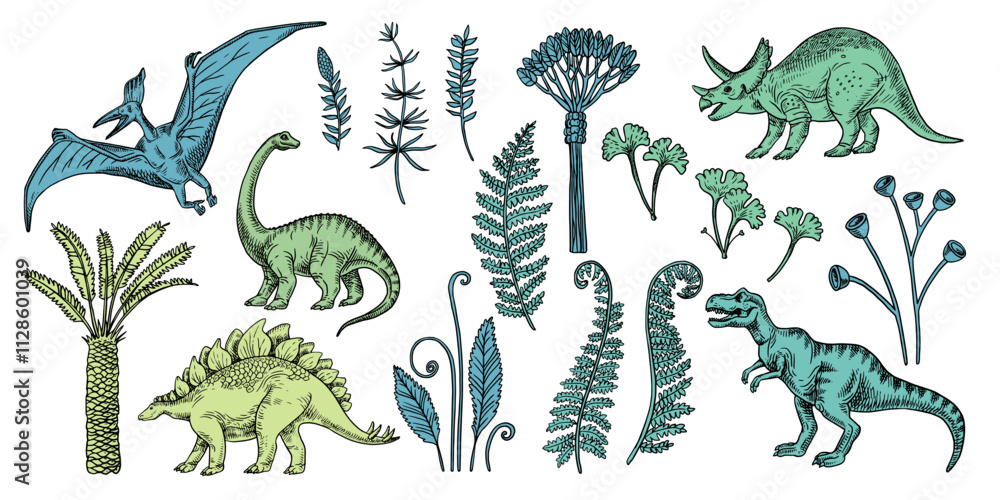 Hand drawn sketch dinosaurs set. Vector isolated illustration Hand drawn sketch dinosaurs set. Vector isolated illustration