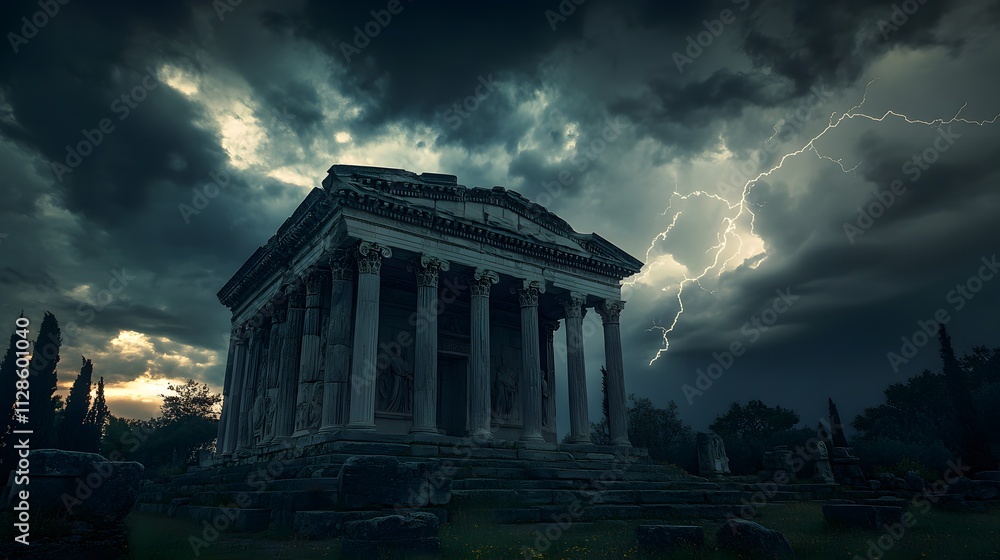 Obraz premium The Mausoleum at Halicarnassus under dramatic storm clouds with lightning illuminating its intricate sculptures.